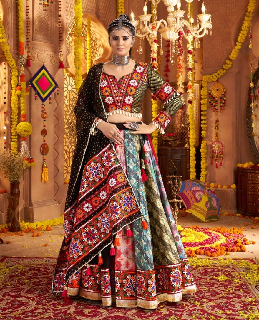 11002 - Regal Black Thread Embroidered Viscose Navratri Wear Lehenga Choli